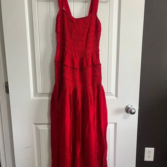 J Crew Red Ruched Maxi Midi Dress Sz Small Spring Wedding Vacation Cruise Beach - Picture 5 of 14